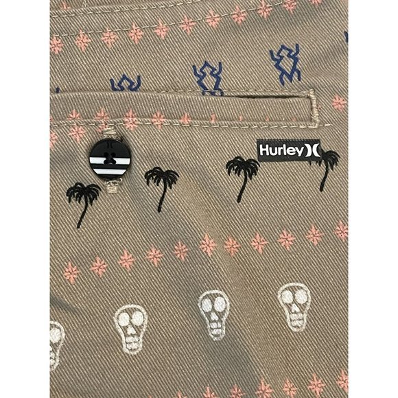 Hurley Shorts, Boy's Size 10, Tan, Tribal, Skull, Palm Trees, Adjustable Waist - Picture 5 of 8